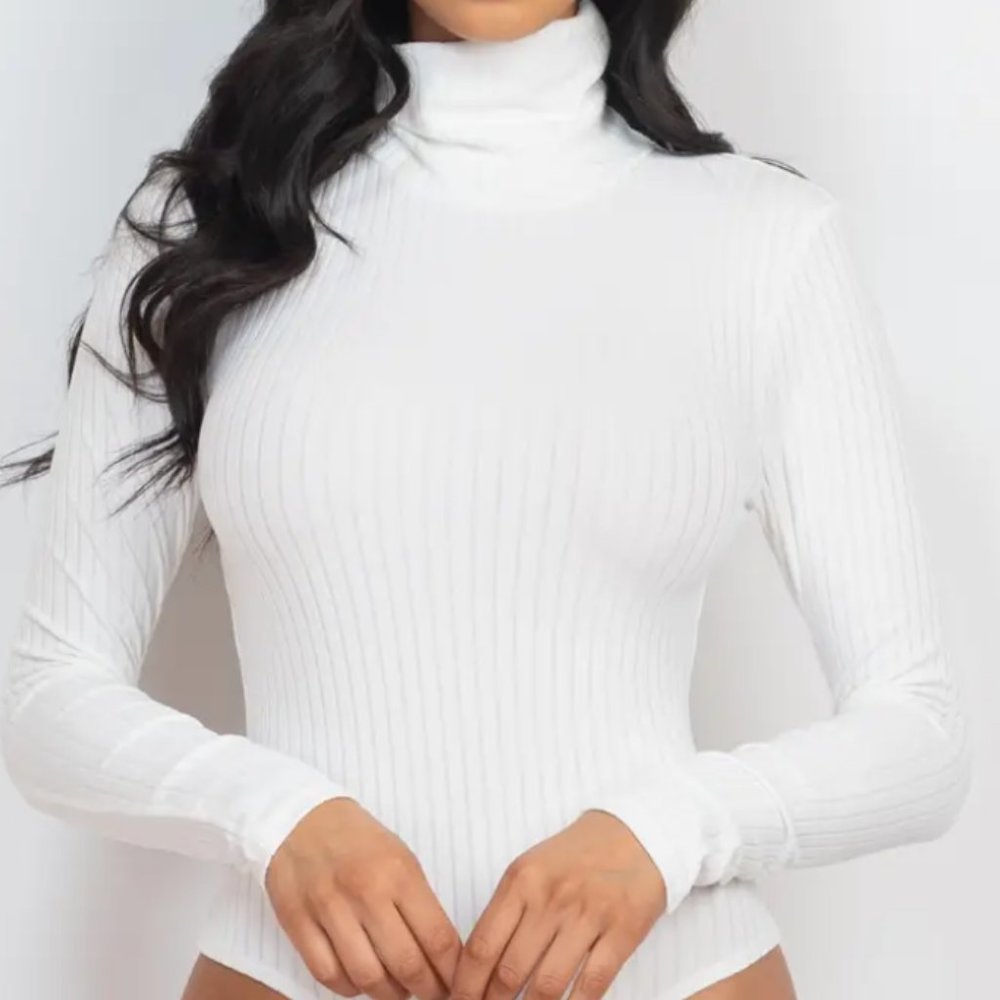 White Stretch Rib Knit Turtle Neck Long Sleeve Bodysuit